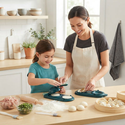A mother and child using a 2-in-1 dumpling maker together on a kitchen counter to prepare fresh momos.